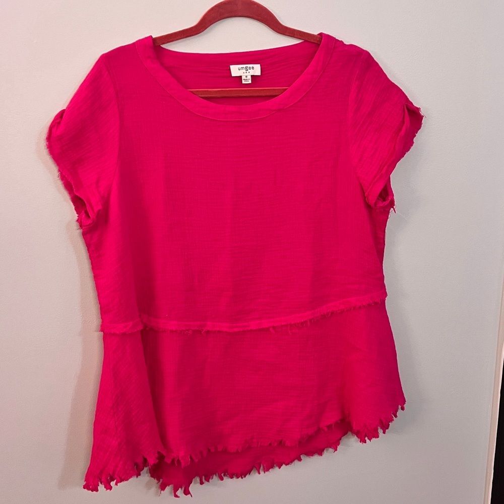 Umgee Med Fuchsia Peplum Fringe Festive Oversized 100% Cotton